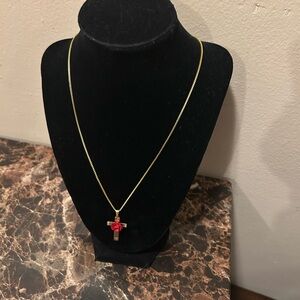 Gold Tone Necklace with Red Cross Pendant